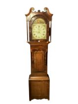 A Georgian mahogany and oak cased 30 hour long case clock, lead weight and pendulum. Painted and