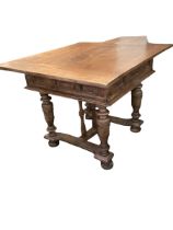 A pine centre table, on heavy bulbous legs to three column stretcher, 93.5 x 107cm x 77cm H, with