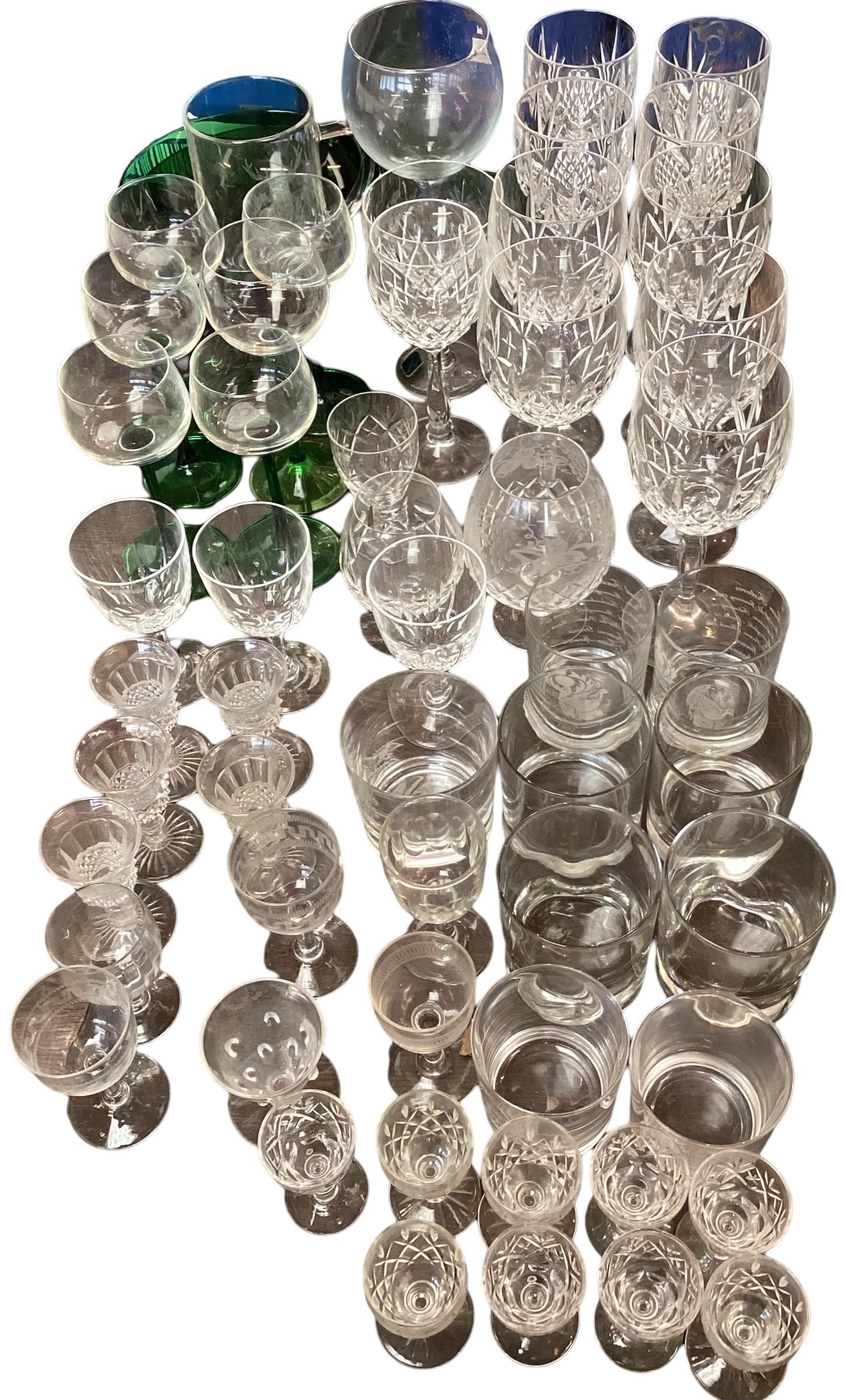 A quantity of good glassware, to include wine glasses, etched sherry glasses, tumblers, a set of 6