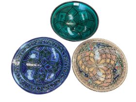 Three decorative Iznik style bowls, see images, the largest approx 34cm diameter
