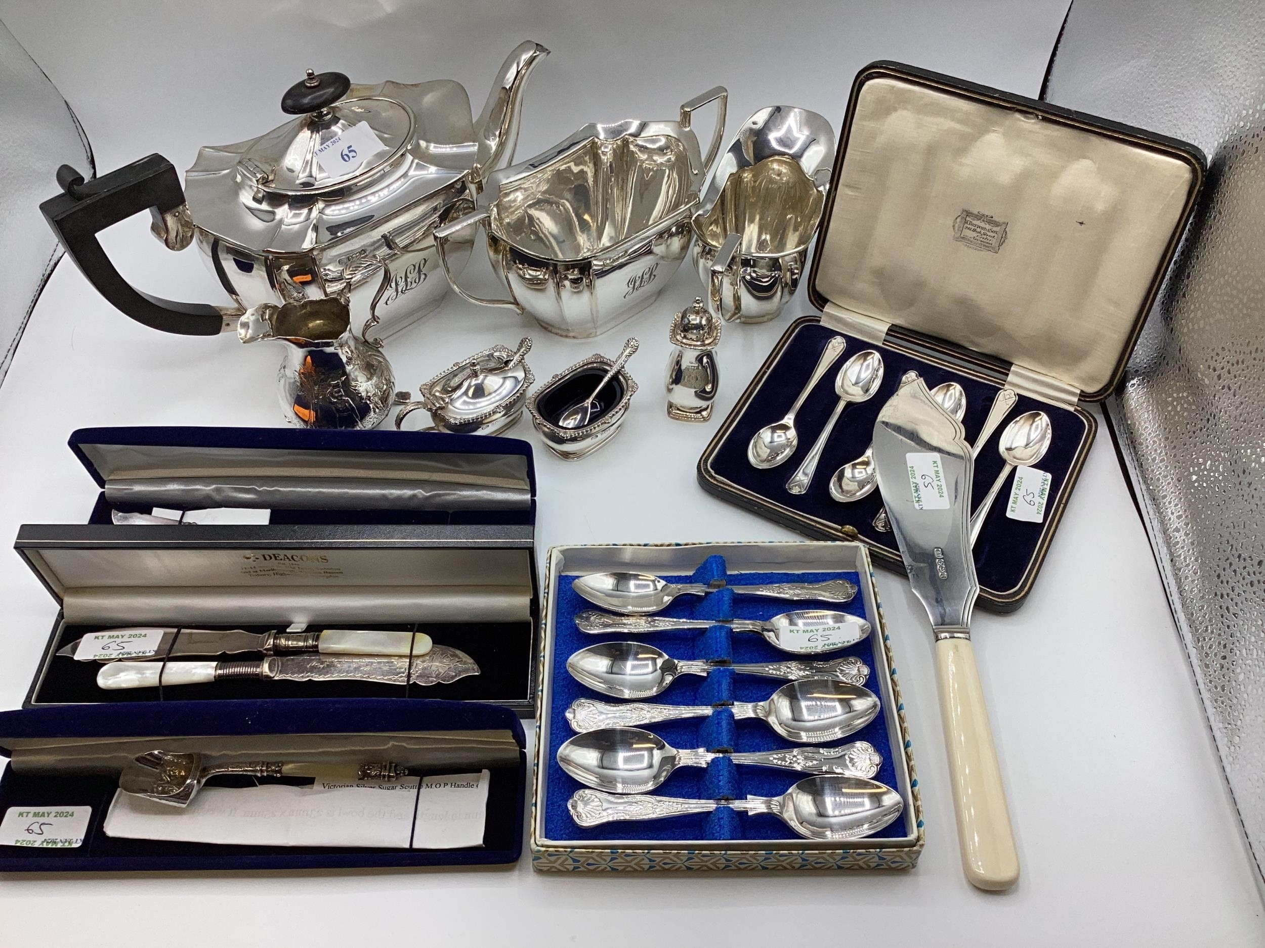 A quantity of hallmarked silver and plated items, to include teapot etc, mustards, spoons fish slice - Image 2 of 10