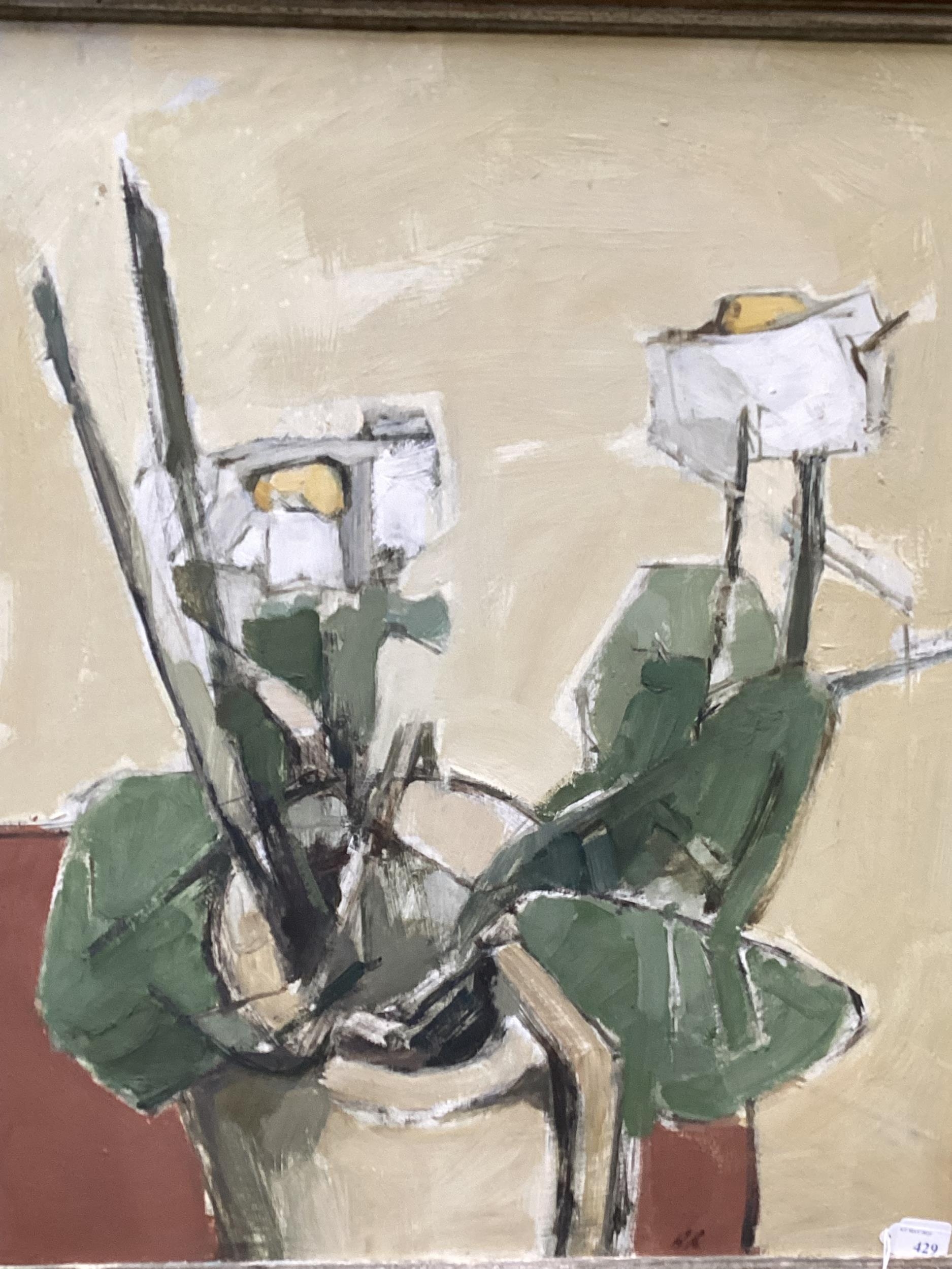 Abstract Still Life of flowers in pot, initialled BR, label verso Bronwen Roberts, Californian - Image 4 of 7