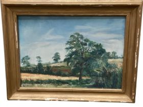 Oil on canvas, Green trees and wheat fields, signed indistinctly lower left C Winsten?, some old