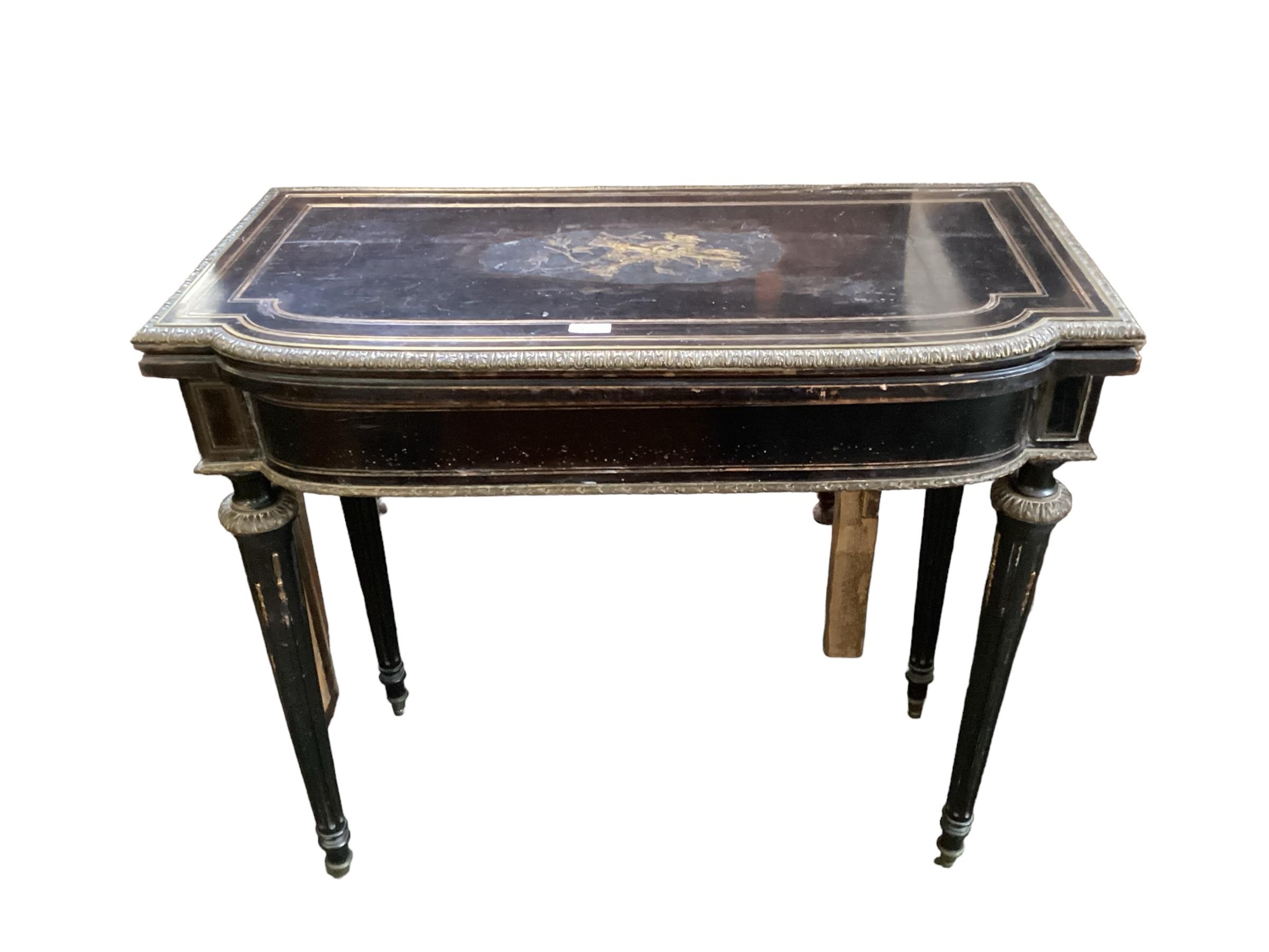 A Victorian ebonised fold over card table, with black tooled leather interior (good) 86cm W x 42cm - Image 2 of 3