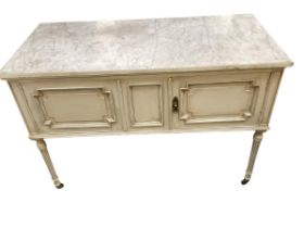 A modern white two tier coffee table 120cm L, and a marble topped two door side cabinet 115cm W,