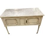 A modern white two tier coffee table 120cm L, and a marble topped two door side cabinet 115cm W,