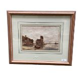 C19th watercolour, fishing boats on shoreline with figures, 18 x 26cm , unsigned, writing verso