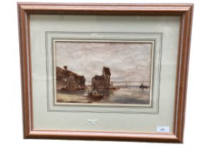 C19th watercolour, fishing boats on shoreline with figures, 18 x 26cm , unsigned, writing verso