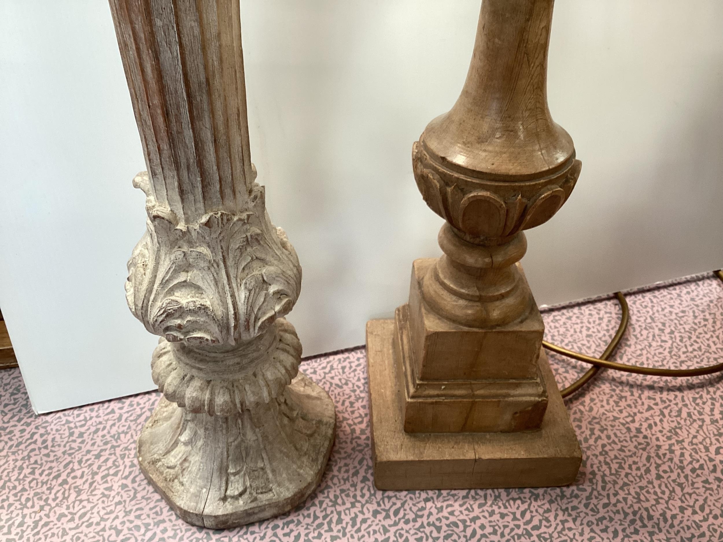 A carved wooden column table lamp on stepped base, 73cm H, and a carved wooden column 63cm H; Fawley - Image 3 of 4