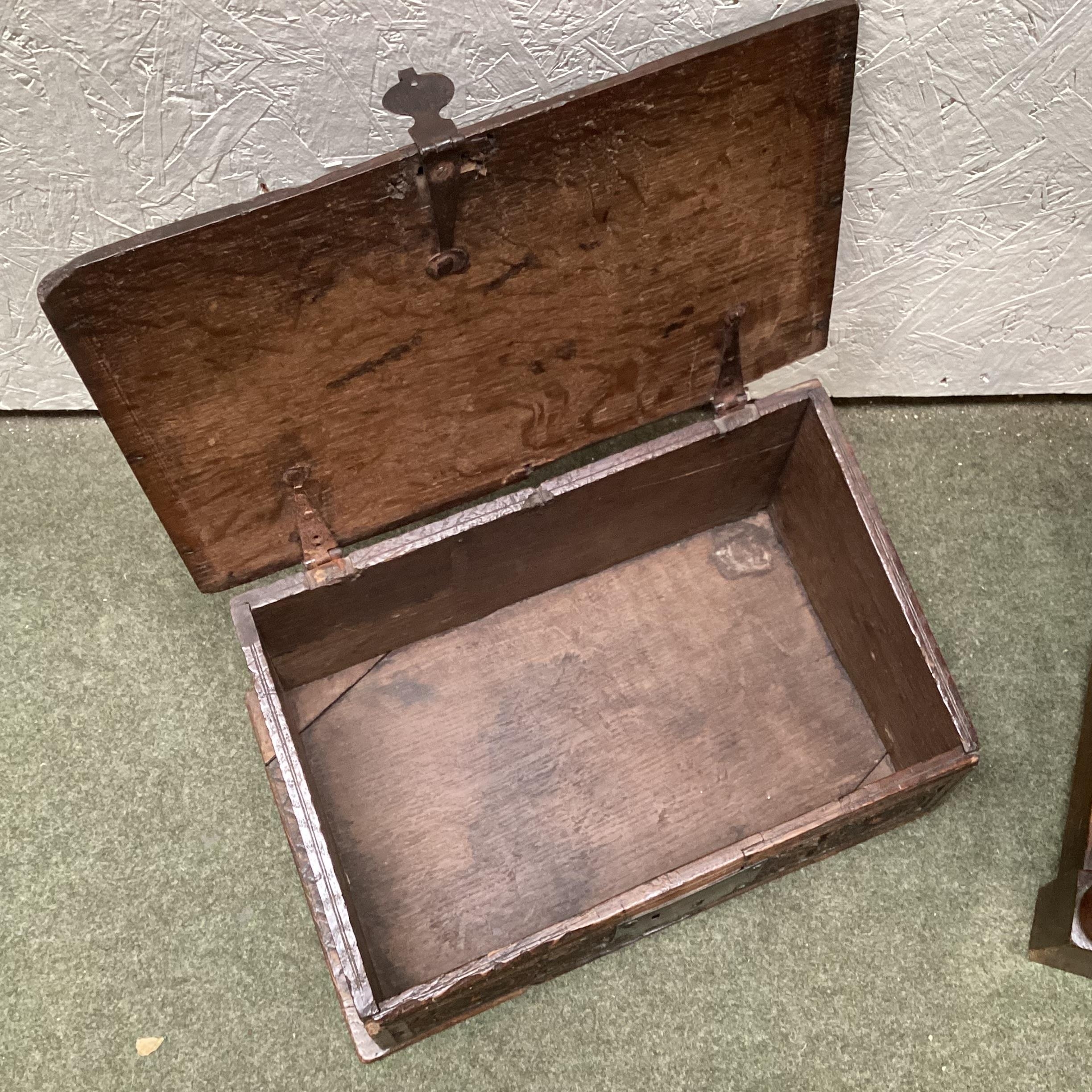 An antique Oak Bible box on stand 84 cm H x 68cmW; and another smaller sloping lid oak bible box, 30 - Image 6 of 7