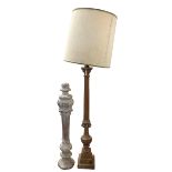 A carved wooden column table lamp on stepped base, 73cm H, and a carved wooden column 63cm H; Fawley