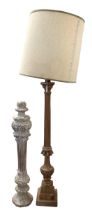 A carved wooden column table lamp on stepped base, 73cm H, and a carved wooden column 63cm H; Fawley