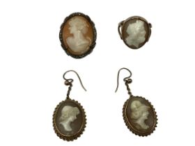 A 9ct gold, shell cameo ring, together with a pair of unmarked yellow metal shell cameo earrings and