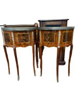 A small pair of French side cabinets with brass galleried top, and small drawers to front, 73 x 51 w