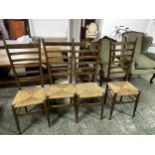 A set of four high backed rush seated chairs, 114cm High. rush seats in generally good order