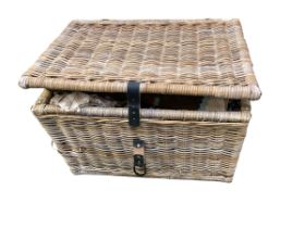 A quantity of general furniture to include wicker baskets, cream Lloyd Loom Otoman, towel rail,