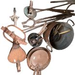 A large quantity of brass and copper metalwares to include old pans, , tools etc, all as found,