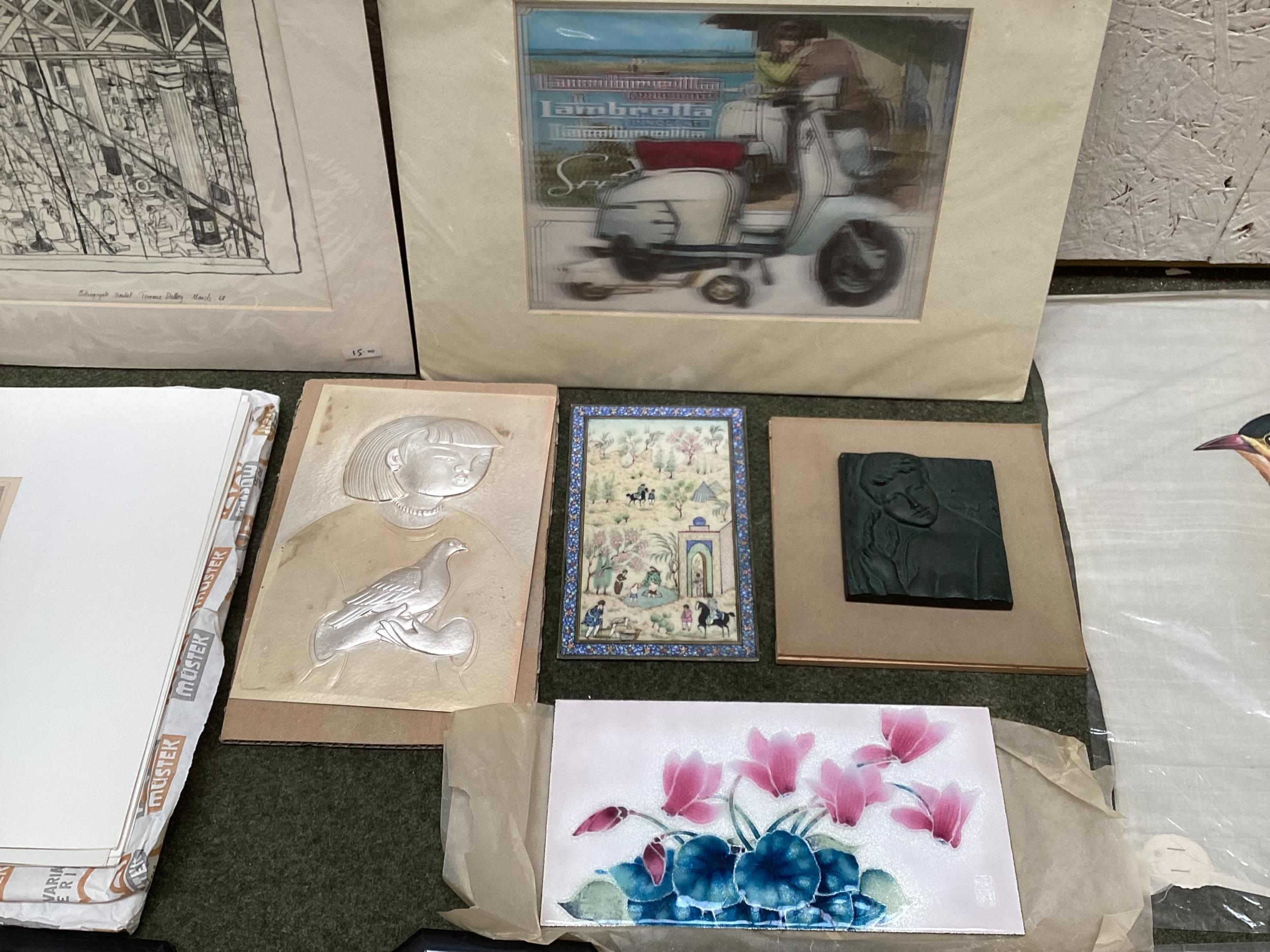 A quantity of mixed pictures, tiles, artwork, studies, unframed prints, artwork reliefs, octagonal - Image 4 of 10