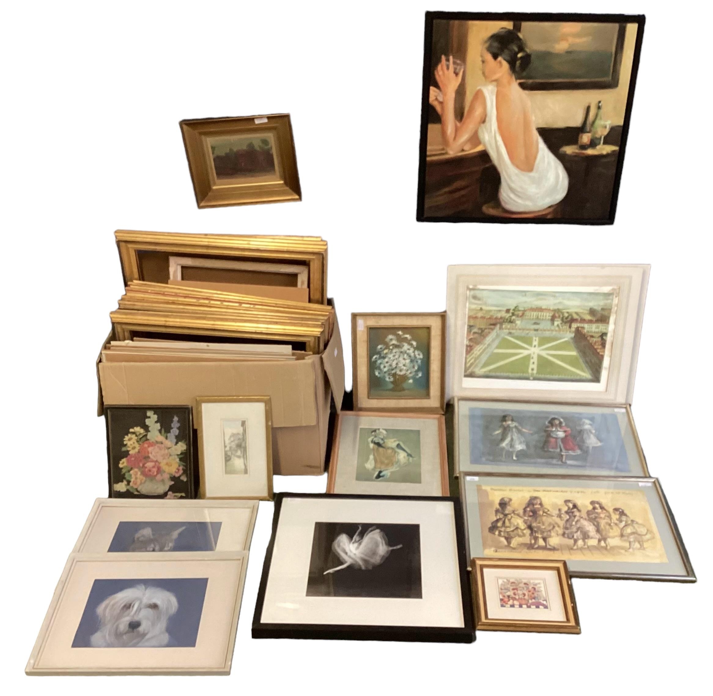 A quantity of decorative pictures and prints, and frames, including two Royal Festival Ballet The