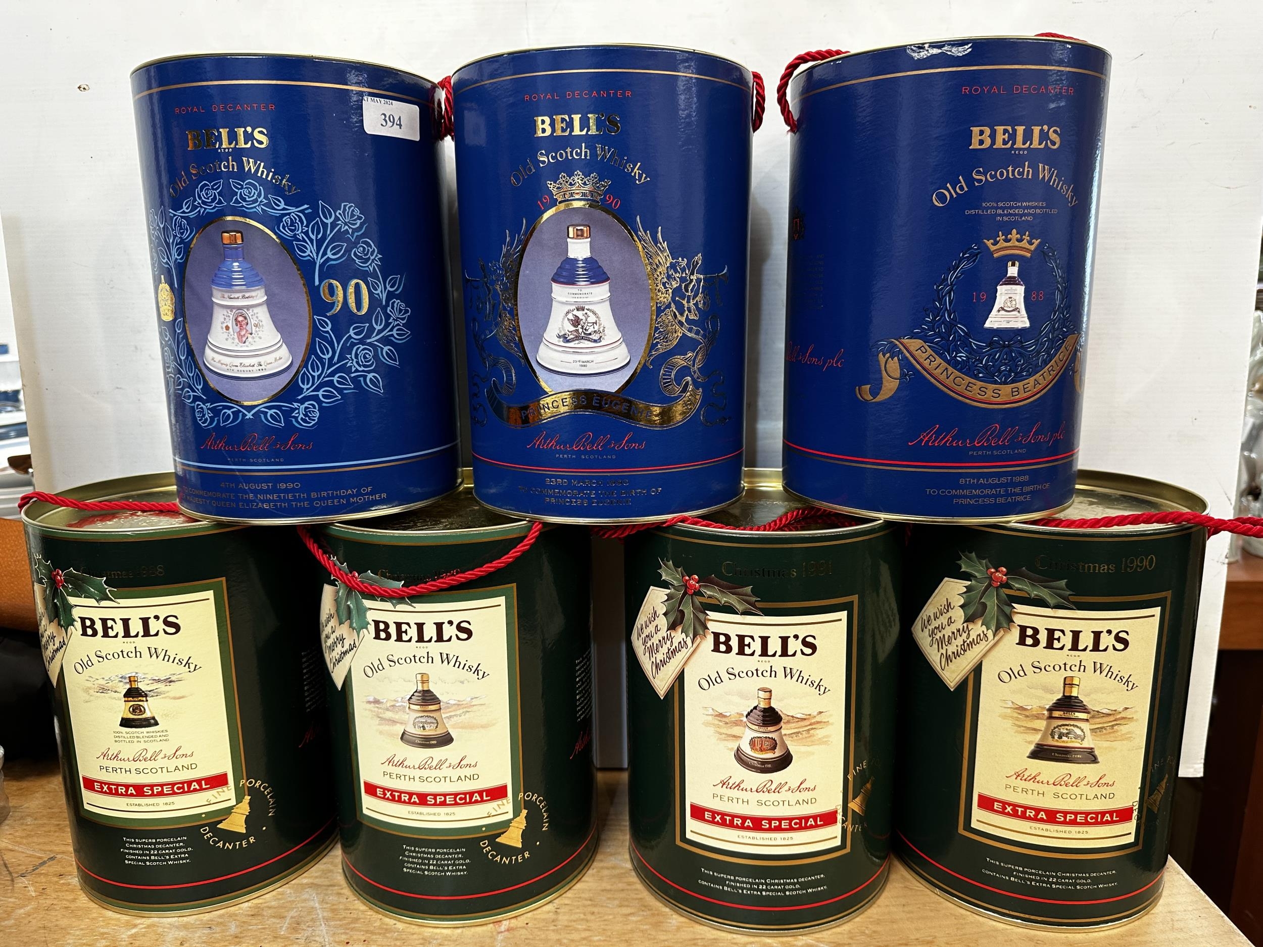 Seven bottle of Bells Royal Decanter Old Scotch Whiskey. All in presentation tins.