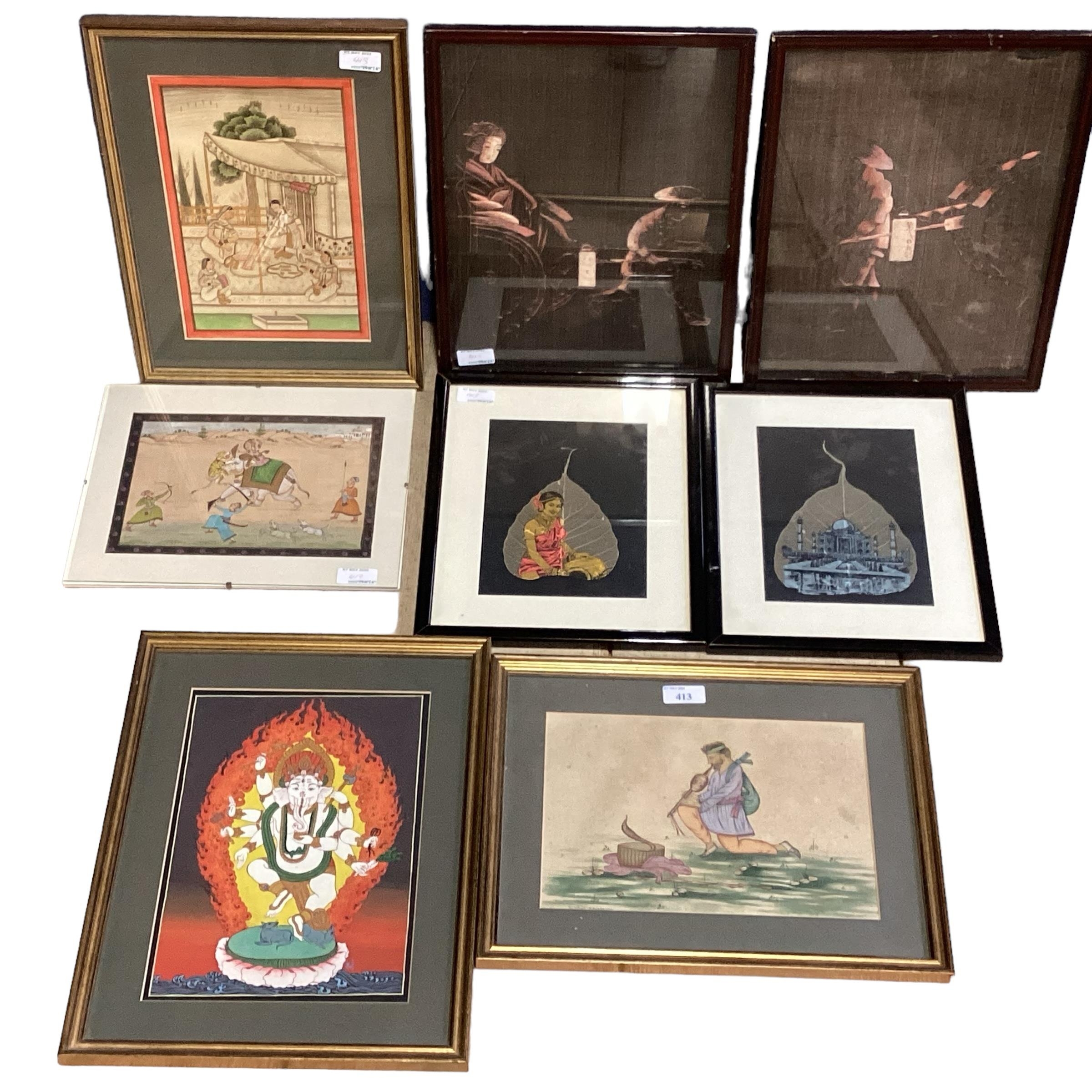 A quantity of Oriental themed pictures to include framed and glazed oriental silks, unframed