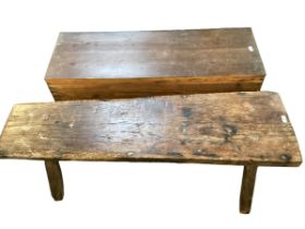 A pig bench, and a rustic pine trunk, both with wear and as found, both v approx 124cm Long