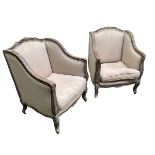 A good pair of modern French style upholstered and painted large high back deep seated arm chairs