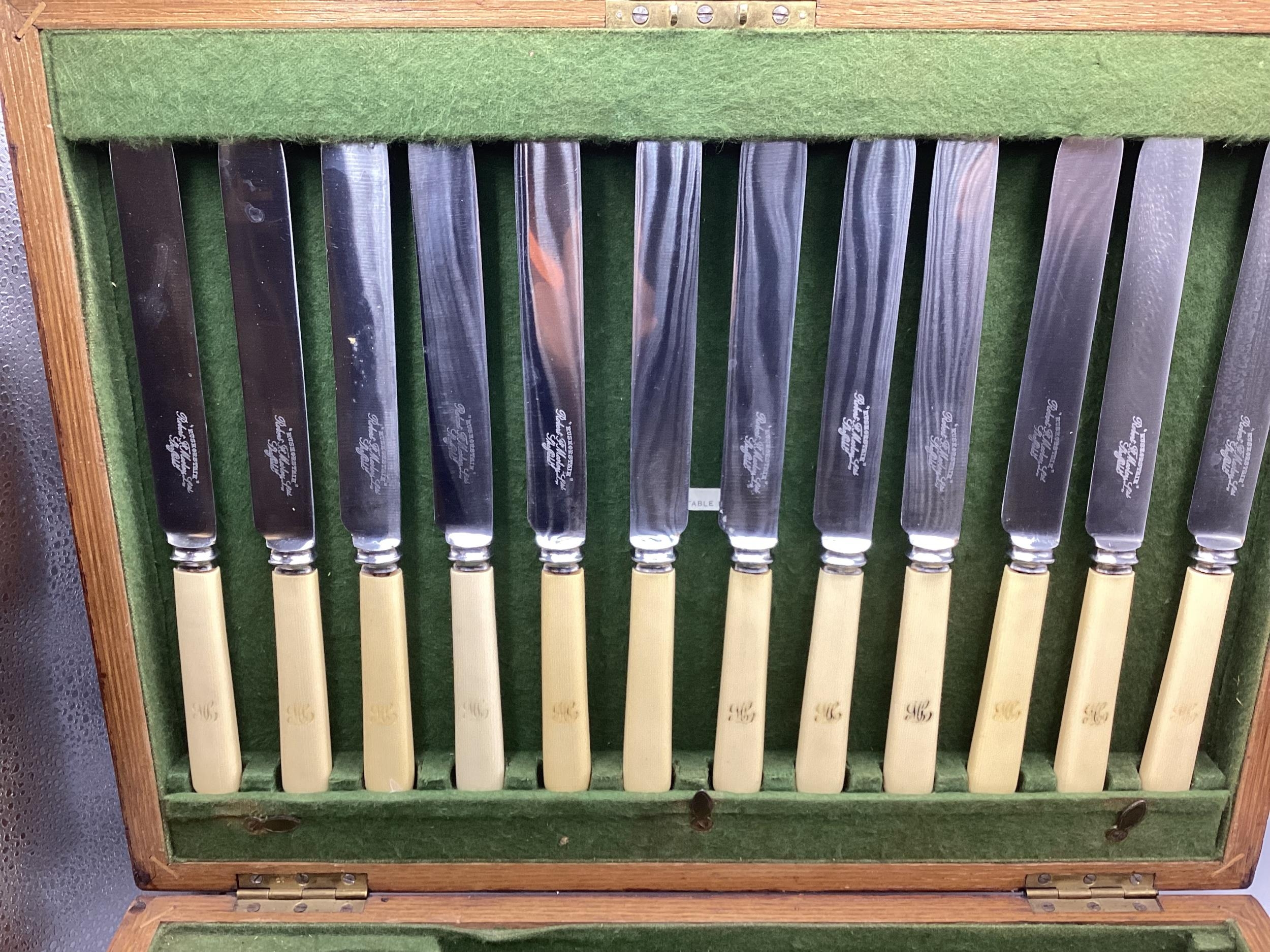 A oak cased canteen of flatware, to include bone handled knives, Robert Mosley, Sheffield, - Image 3 of 7