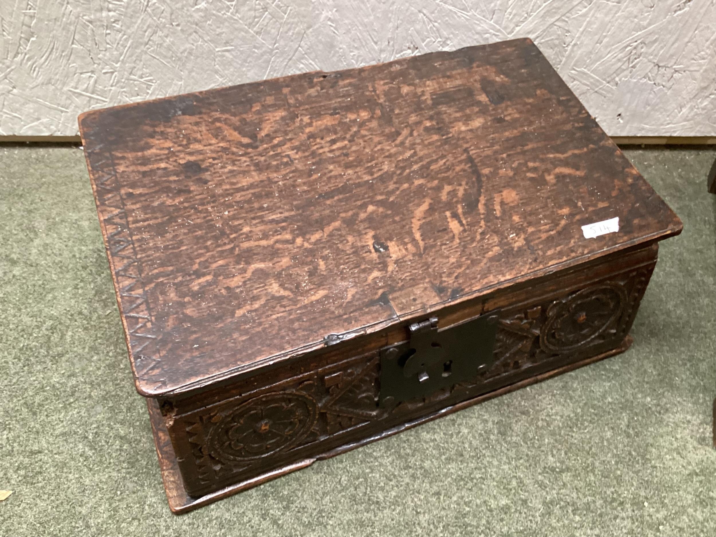 An antique Oak Bible box on stand 84 cm H x 68cmW; and another smaller sloping lid oak bible box, 30 - Image 5 of 7