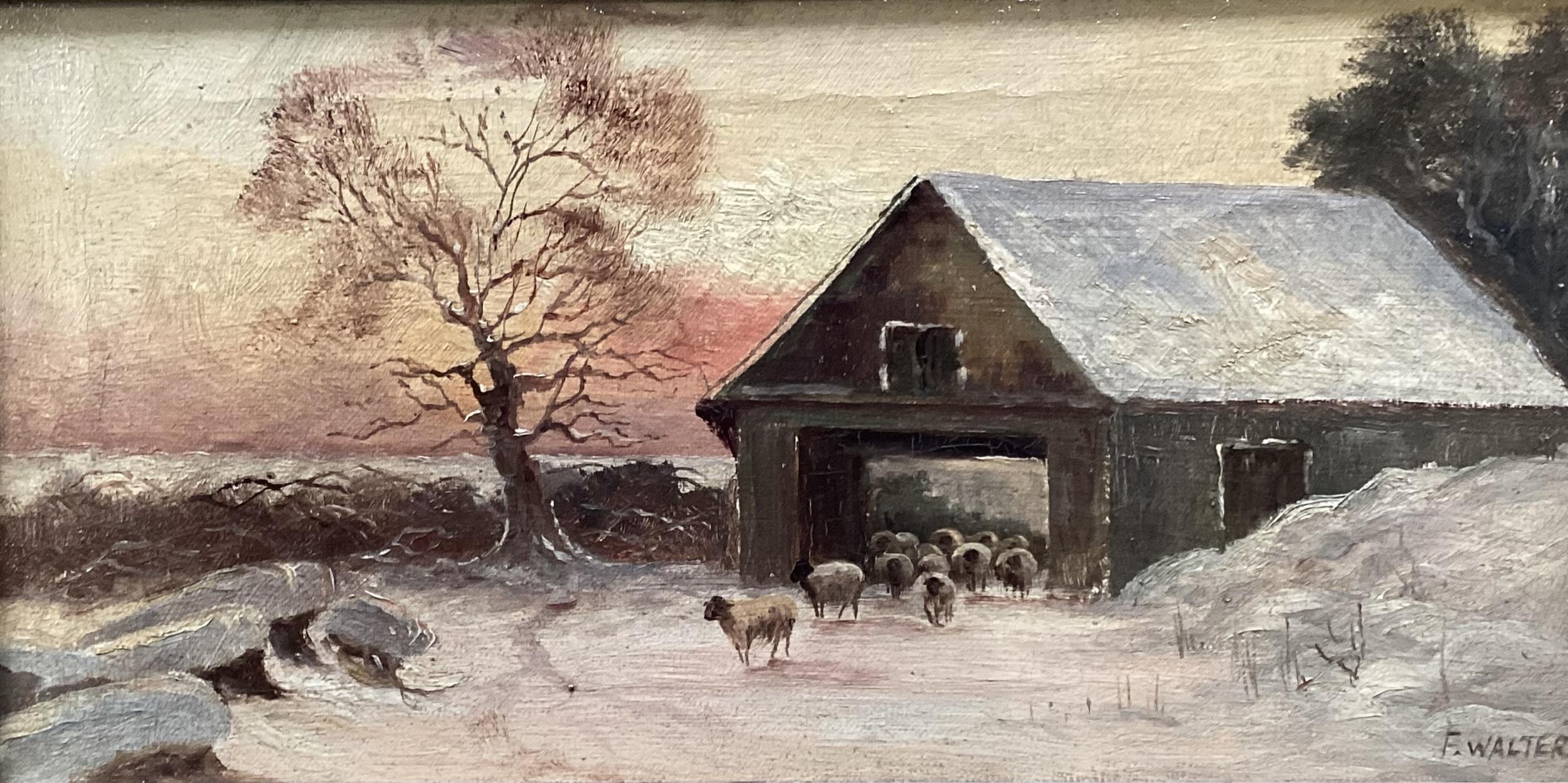 A pair of oil on canvas, Sheep in snowy landscape, signed lower left F. Walters, note verso - Image 5 of 9