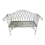 A metal silvered colour lattice work decorative two seater bench, approx 116cmW