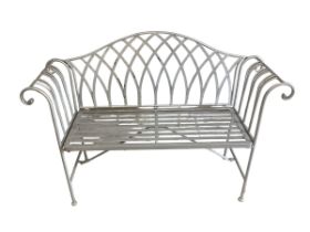 A metal silvered colour lattice work decorative two seater bench, approx 116cmW