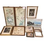 A quantity of pictures and prints, including a framed and glazed set of War silk embroidery
