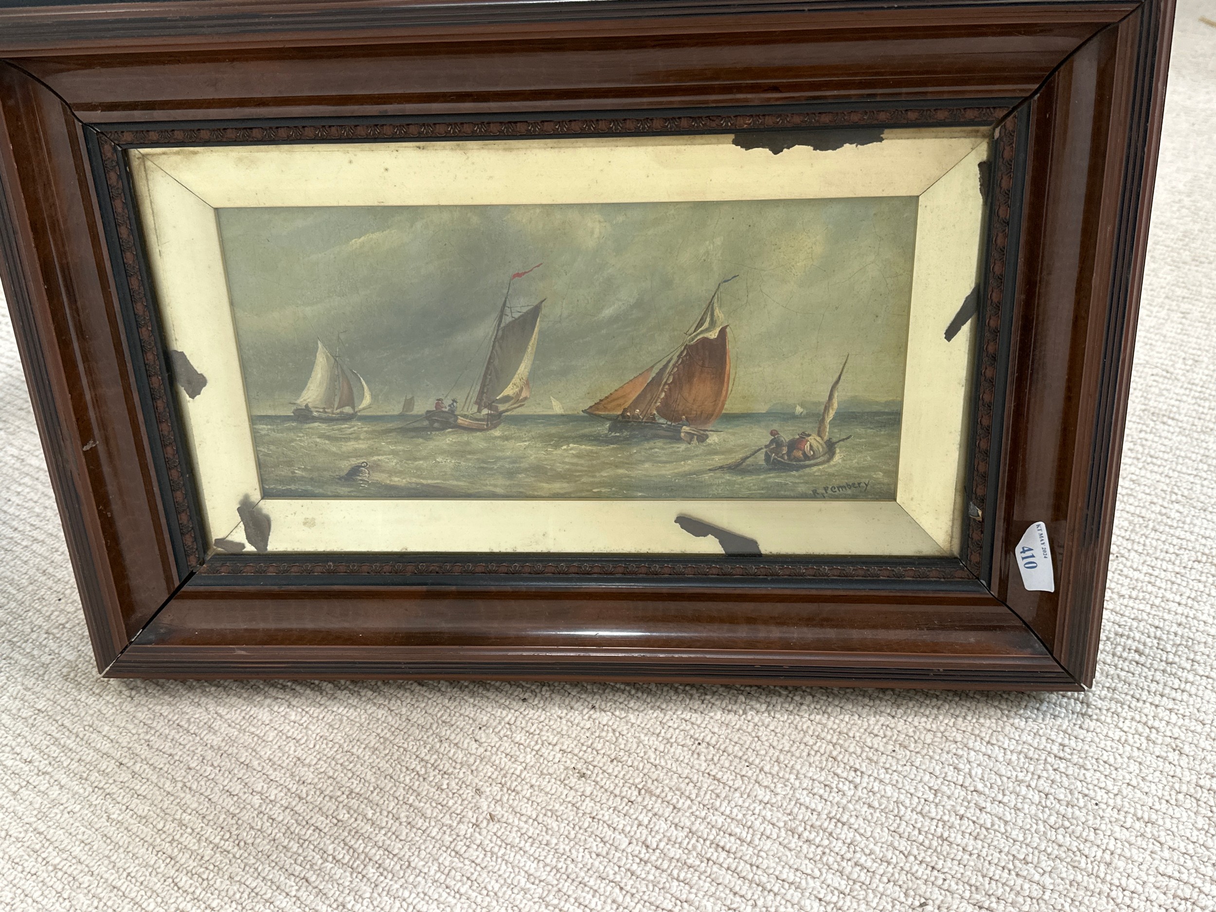 A pair of oils, fishing boats a sea off the coast, signed lower right R. Pembery, 14.5 x 32cm, in - Image 3 of 4