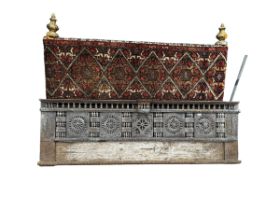 Reclamation : a galleried carved wooden panel, 187 x 59cm; and a bedhead with decorative finials,