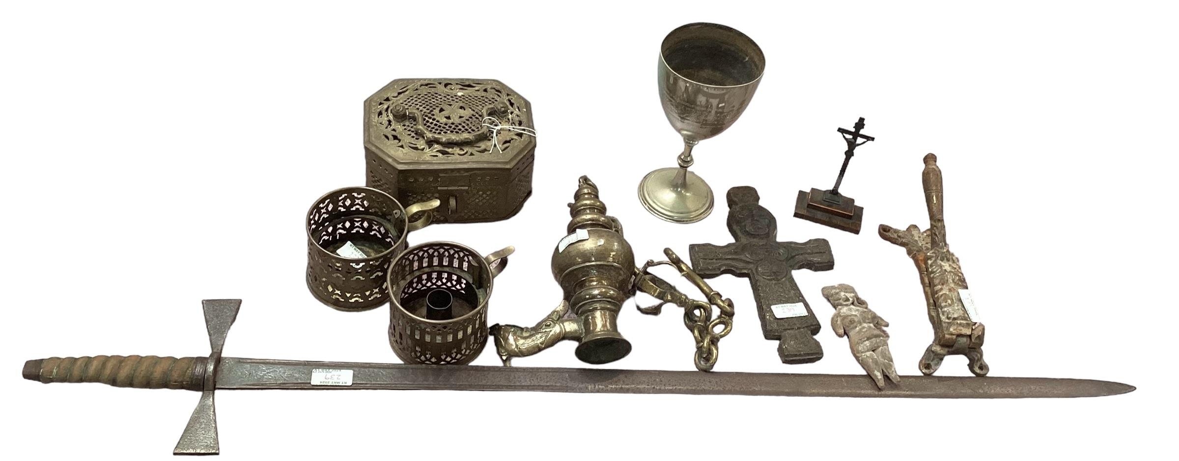 A quantity of metal wares to include a sword, a pierced casket, crucifix etc, see all images, Fawley