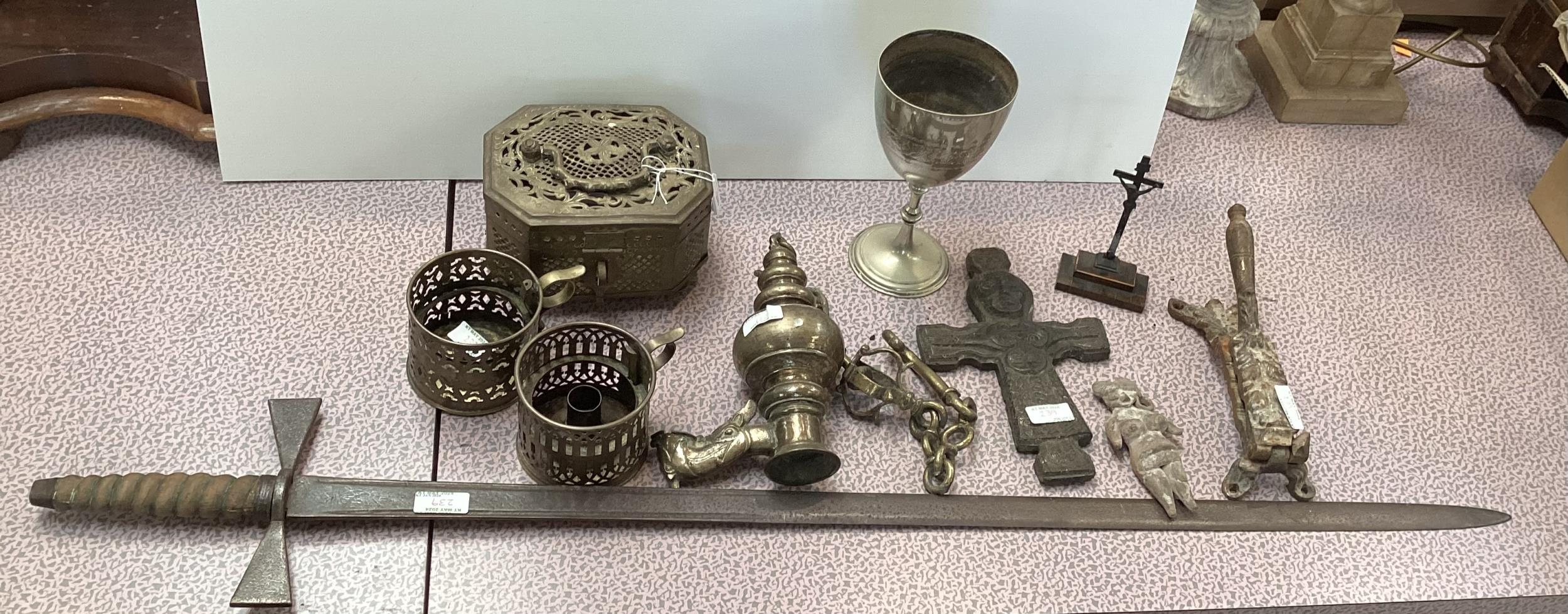 A quantity of metal wares to include a sword, a pierced casket, crucifix etc, see all images, Fawley - Image 2 of 8