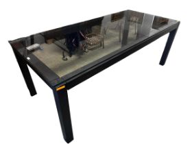 A contemporary rectangular black framed table with glass top, 90cmW x 200L