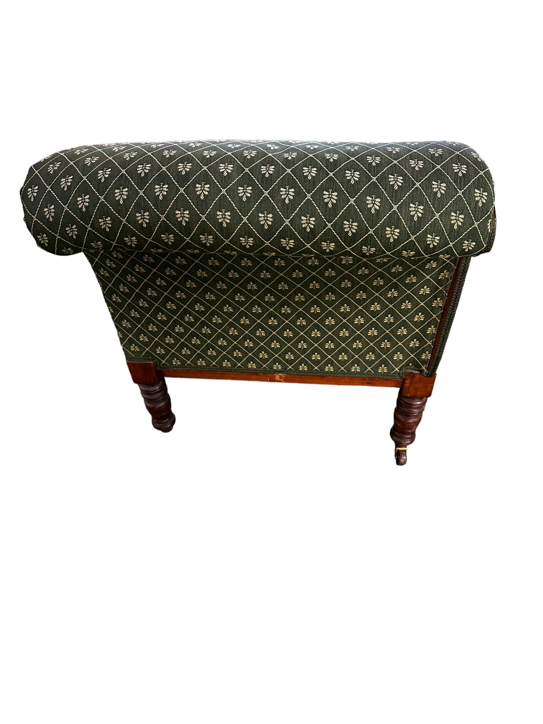 A Victorian green patterned upholstered Chaise longue raised on turned legs to castors , 181cm L - Image 3 of 3