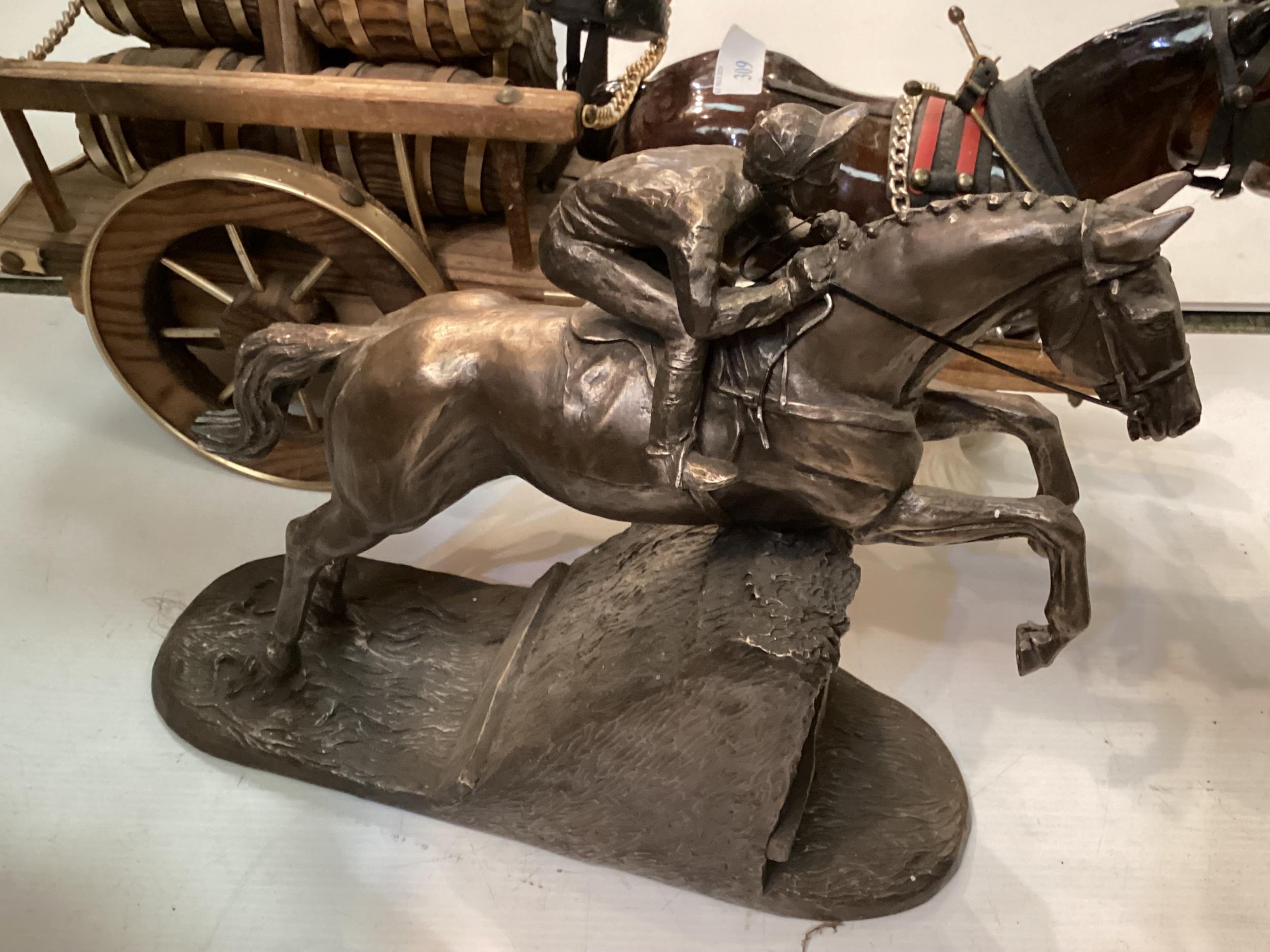 A china dray/cart horse, with barrels, and two carts, and a bronze style jockey and horse - Image 3 of 6