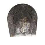 Arched shaped heavy iron fireback with embossed figure of warrior on horse, 60cmH x 54cmW