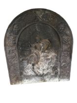 Arched shaped heavy iron fireback with embossed figure of warrior on horse, 60cmH x 54cmW