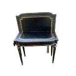 A Victorian ebonised fold over card table, with black tooled leather interior (good) 86cm W x 42cm