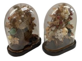 A pair of glass domed "stuffedmfruit and foliage", 28cm H overall