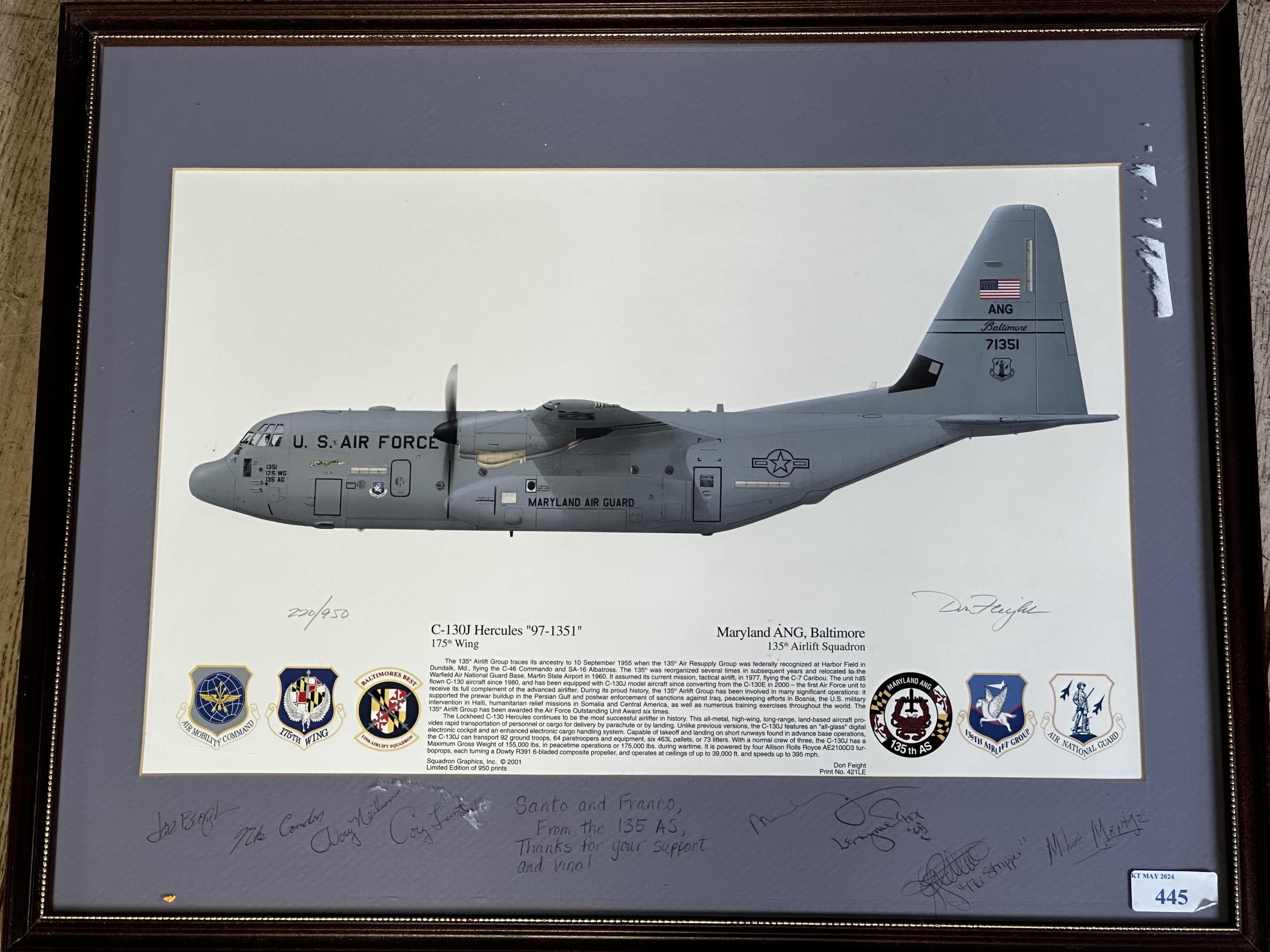 A framed and glazed picture of a US Air Force "C-130J Hercules "97-1351", with annotation and
