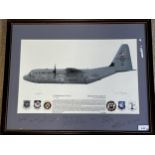 A framed and glazed picture of a US Air Force "C-130J Hercules "97-1351", with annotation and