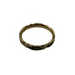 An unmarked yellow metal and black enamel mourning ring, marked CC to inside of hoop, Jane Goodear