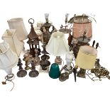 A quantity of lamps, lampshades, wall sconces and candlesticks, all as found; Fawley Manor Clearance