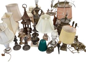 A quantity of lamps, lampshades, wall sconces and candlesticks, all as found; Fawley Manor Clearance