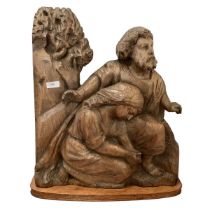 A wooden carving on stand of a religious figure grouping, 56cm H overall; Fawley Manor Clearance